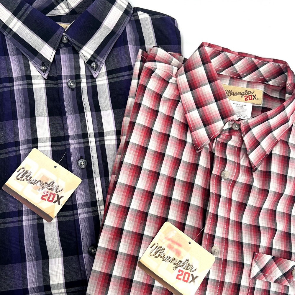WRANGLER 20X Men's Sz L LOT OF 2 NWT Plaid Long-Sleeve Button-Down Shirts Pocket